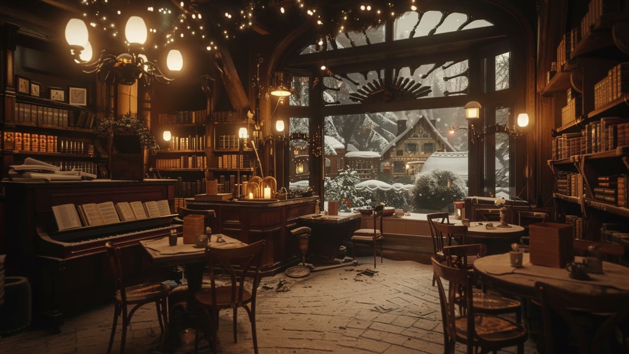 1950s Nostalgic Ballroom Jazz | Snowy Afternoon in a Library Cafe | Vintage BGM & Fireplace