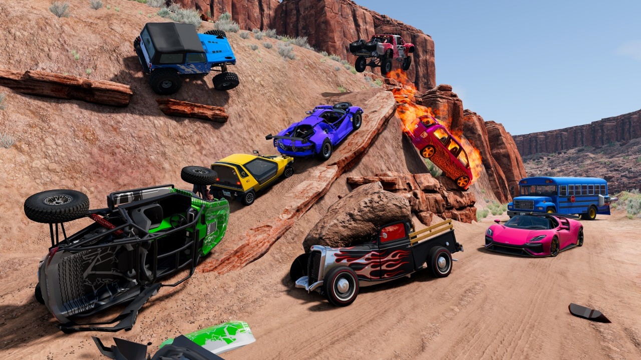 Racing Random Cars Around Cliffs and Jumps