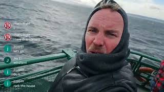 offshore on a huge ship with crashing waves