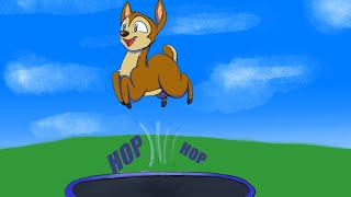animation of deer jumping and slipping on a trampoline