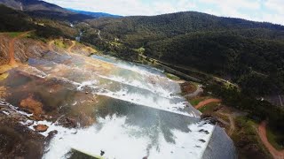 Drone captures Dartmouth Dam overflowing its spillway
