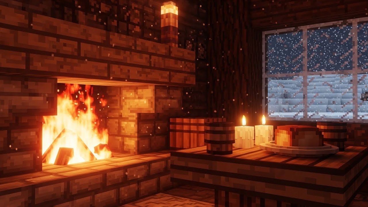 Cozy Minecraft Winter Tavern Ambience – Fireplace Dinner & Snowy | 1 Hour Relaxing Background Music