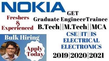 NOKIA Recruitment 2021|Graduate Engineer Trainee|BE|BTech|MTech|MCA|ELECTRONICS|ELECTRICAL|CSE|IT|IS