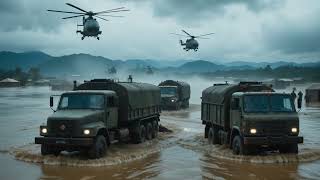 Helicopters & Military Trucks Push Through Massive Flood – Intense Emergency Operation 🌧️🚁💥