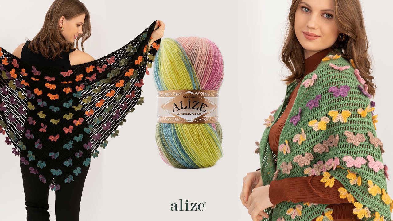 Шаль бабочка крючком с Alize Angora Gold Batik