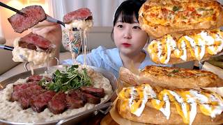 살치살 스테이크 올린 꾸덕한 크림 리조또 고구마베이컨/콘치즈 바게트샌드위치 먹방 Cream Risotto with Beef Steak Baguette Sandwich Mukbang screenshot 4