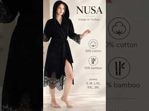 Женский халат с капюшоном и кружевом. S, M, L/XL, 2XL, 3XL Теплый халат 50% бамбук, 50% хлопок. Фабричная Турция., видео 1