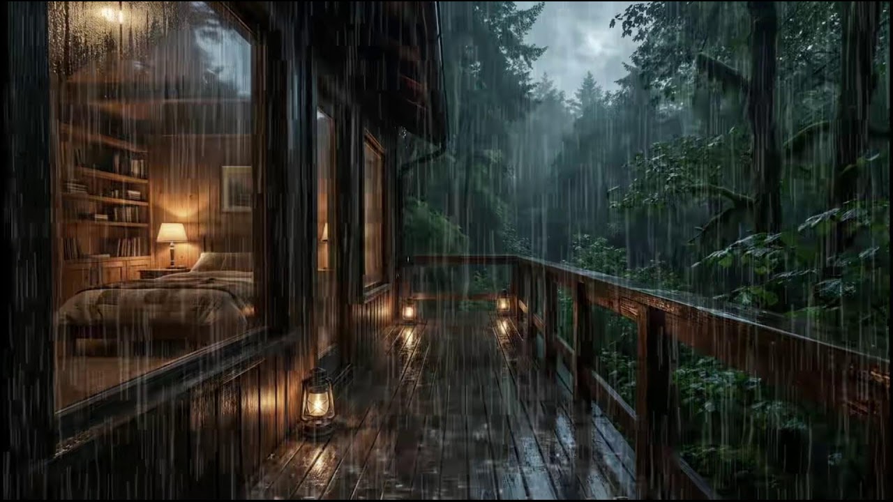 Quiet rain around a warm forest cabin, steady rain tones for deep sleep healing insomnia nights