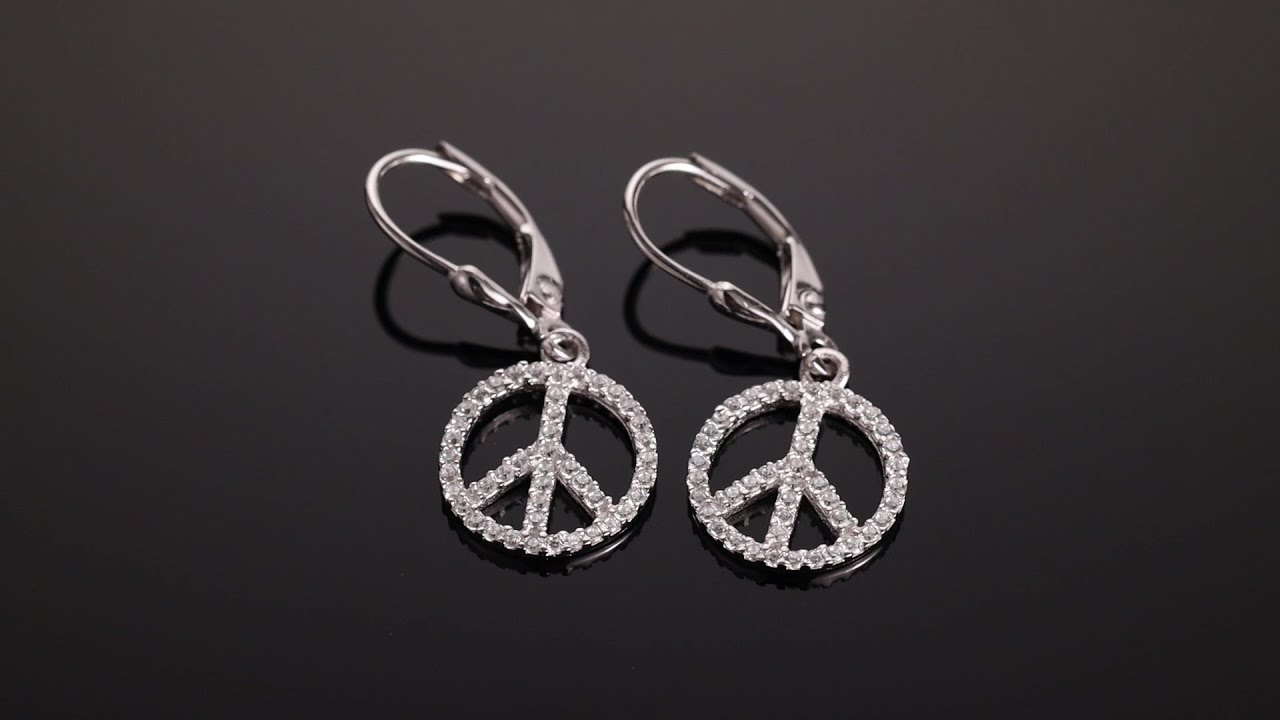 World Peace Symbol CZ Lever back Dangle Earrings Rose Plated Silver