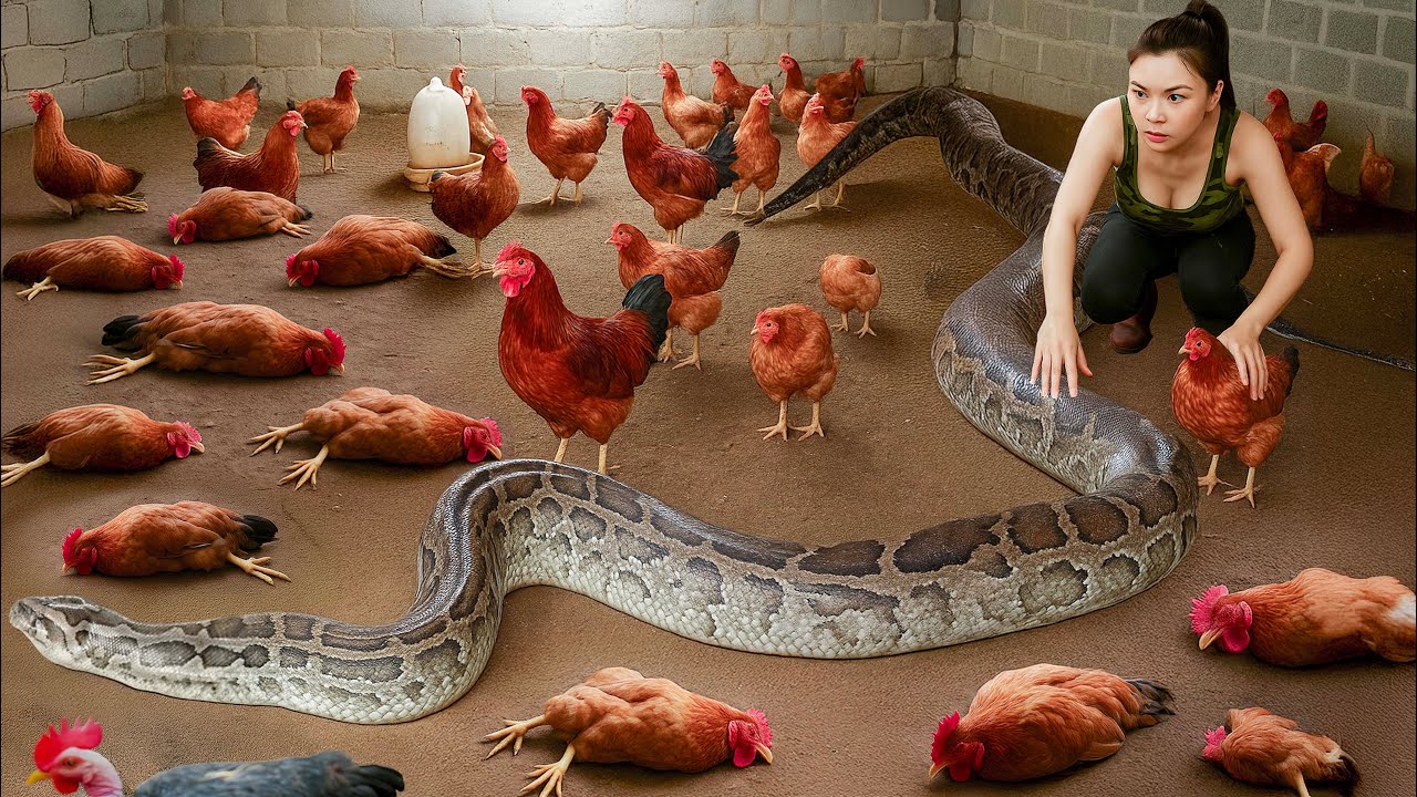Giant python invades chicken farm and female hunter's unexpected action | Lý Thị Hoa