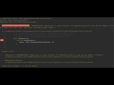 laravel Migrating Syntax error or access violation: 1071 Specified key was too long;