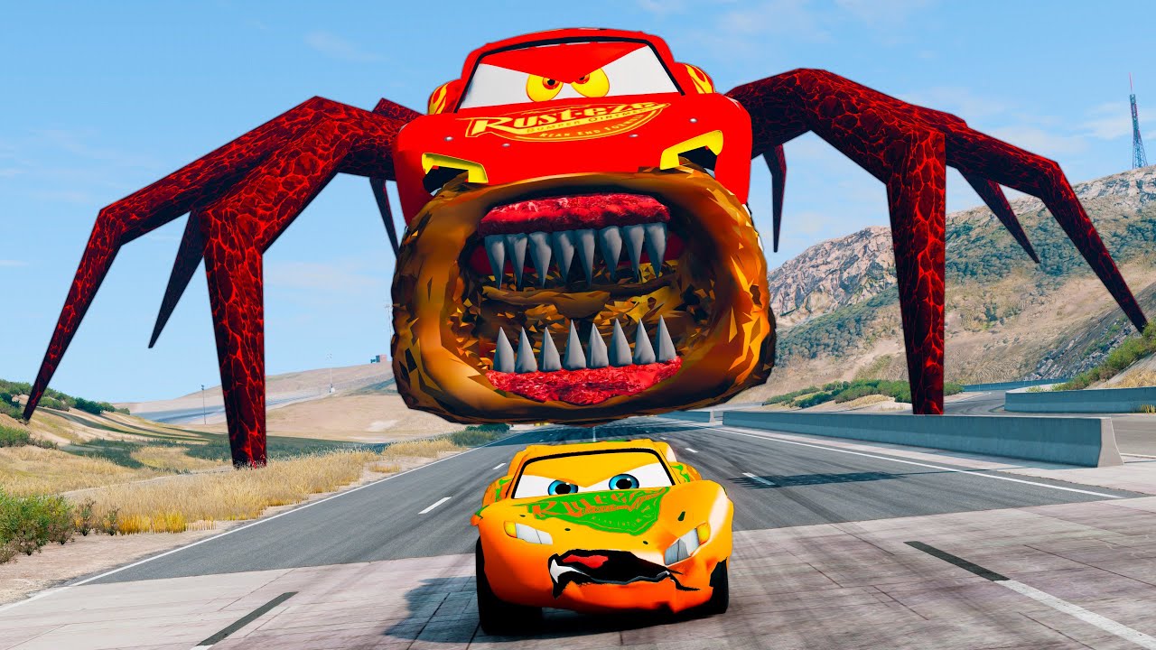 Lightning McQueen vs Giant Head Eater Monsters! Insane Chase & Stunts in BeamNG.Drive!