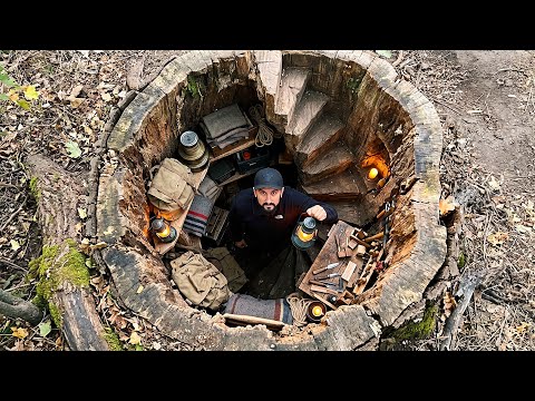 Building a Warm & Cozy Shelter Inside a Hollow 100-Year-Old Oak Stump | Bushcraft & Survival