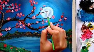 acrylic painting paintings scenery flower tree night flowers simple landscape easy canvas friends painted beginners tutorials