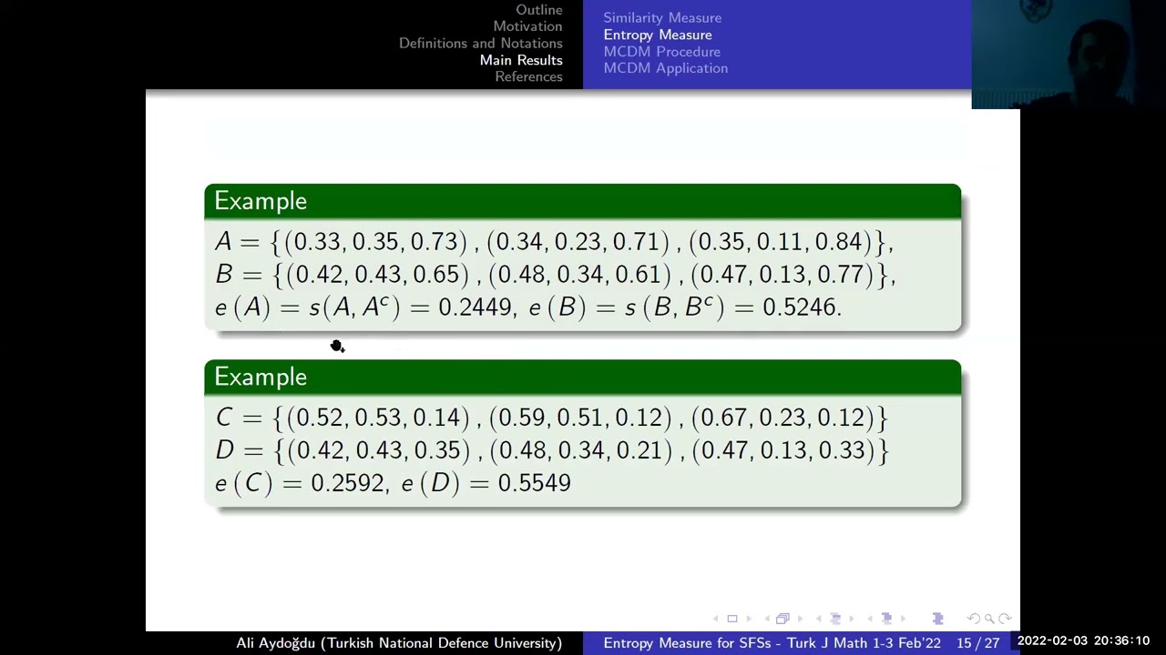 MATH2022 - A Novel Entropy Measure Based on Similarity Measure for Spherical Fuzzy, Ali Aydogdu