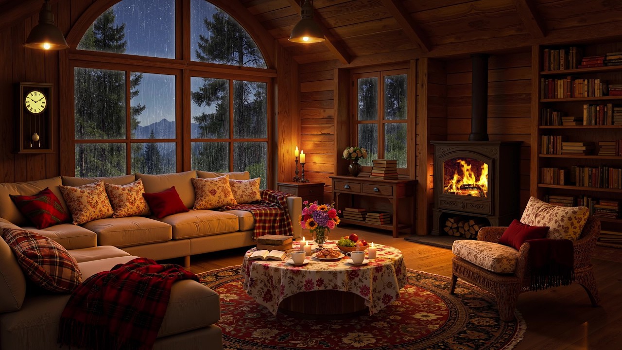 Cozy Mountain Cabin Ambience 🌧️ Gentle Jazz, Crackling Fireplace & Rain Sounds for a Peaceful Night