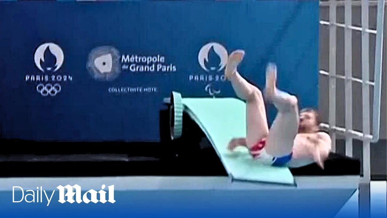 French diver slips on diving board at Olympic inauguration ceremony attended by Emmanuel Macron