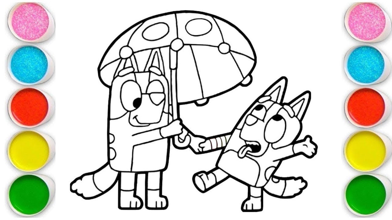 Bluey and Bingo with Umbrella Drawing, Painting & Coloring For Kids and Toddlers_ Easy Art