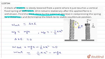 A block of mass m is slowly lowered from a point where it just touches a vertical fixed spring o...