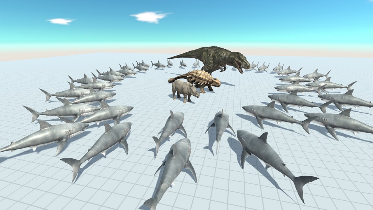 Can carnivorous or herbivorous dinosaurs and other animals defeat 100 great white sharks in ARBS