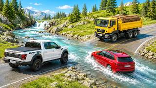 Cars vs Fast Flowing Riverr Drive Challenge Ends in Total Destruction! screenshot 5
