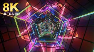 8K 3D Render of Futuristic Neon Pentagonal Tunnel with Abstract Geometric Blocks - 1 hour (no sound)