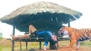 she builds villa thatched roof hut hide tiger primitive hut survival tiger xia pw chaw zeb daus