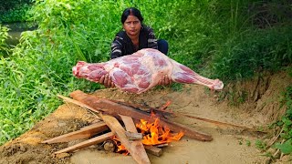 Primitive Underground Pit Roasted Mutton Leg | Wet Jute Bag Cooking | Village ASMR
