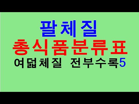 팔체질 총식품분류표(우뭇가사리~흰콩) 제5부 마지막.  수음체질 목음 목양 금음 금양  수양 토음 토양 순서.  추정이 아닌 검증된 400가지 여덟체질 식단표 전부 시리즈