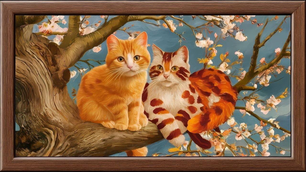 Whimsical Orange Cat & Cherry Blossoms | Frame TV Art 4K Screensaver
