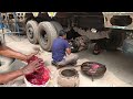 Truck hub greasing  truck rear wheel hub greasing skill  indian truck mechanics