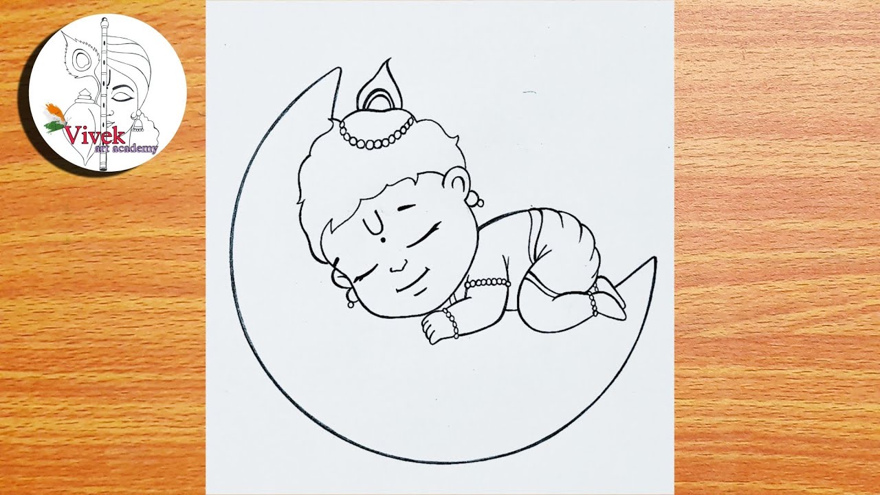 Cute Baby Krishna Sleeping on the Moon | Krishna Beautiful Drawing | Easy Drawing