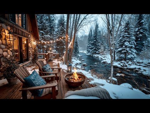 Relaxing Winter Snowfall By A Cozy Firepit On The Riverside Cabin Porch Relaxing Winter Snowfall By A Cozy Firepit On The Riverside Cabin Porch