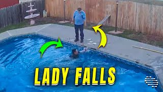 Lady Stepping on Skimmer Plate and Falling Into Pool While Cleaning