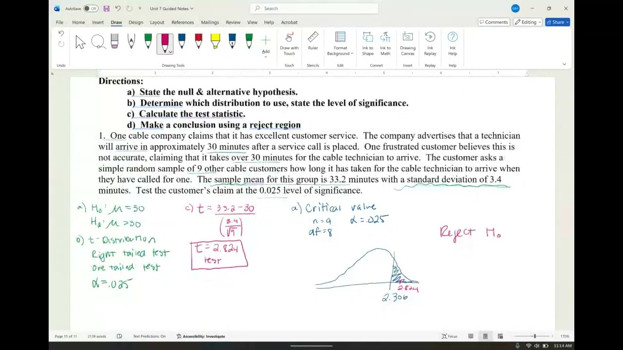 U7 HW3 - Hypothesis Testing when Population Standard Deviation is Unknown
