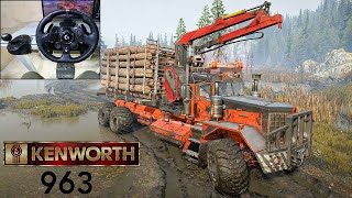 Kenworth 963 transporting medium log carrier - | Snow Runner | Logitech G923 gameplay