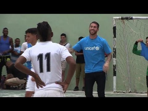 Real Madrid's Sergio Ramos plays football with Cuban ...