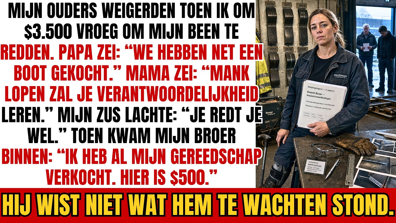 Ik stond in de keuken van mijn ouders met een wandelstok en vroeg om €3500 om mijn been te redden. Mijn vader keek naar de boot op de trailer en zei: "We hebben net een boot gekocht." Mijn moeder...