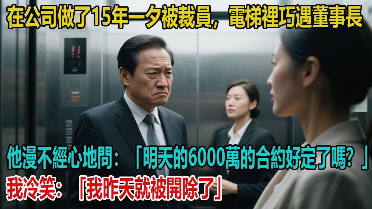 在公司做了15年一夕被裁員。電梯裡巧遇董事長，他漫不經心地問：「明天的6000萬的合約好定了嗎？」我冷笑：「我昨天就被開除了」