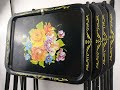 Vintage antique metal tin tv trays with metal legs black and rose floral pattern for sale on ebay