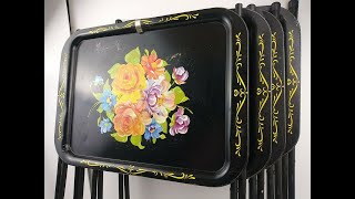 Vintage ANTIQUE METAL TIN TV Trays With Metal Legs Black and ROSE Floral Pattern For Sale on Ebay