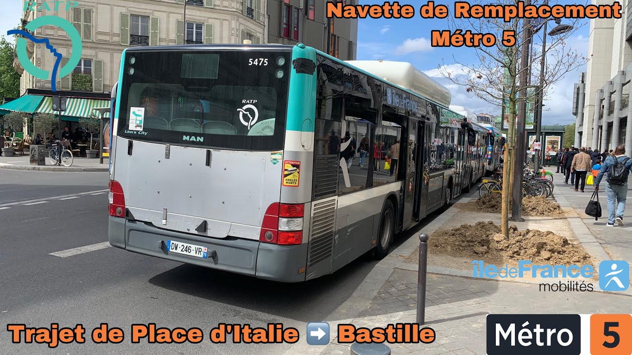 🚍Navette de Remplacement Métro 5 (RATP) : Trajet Complet : Place d’Italie ➡️ Bastille #ratp #idfm