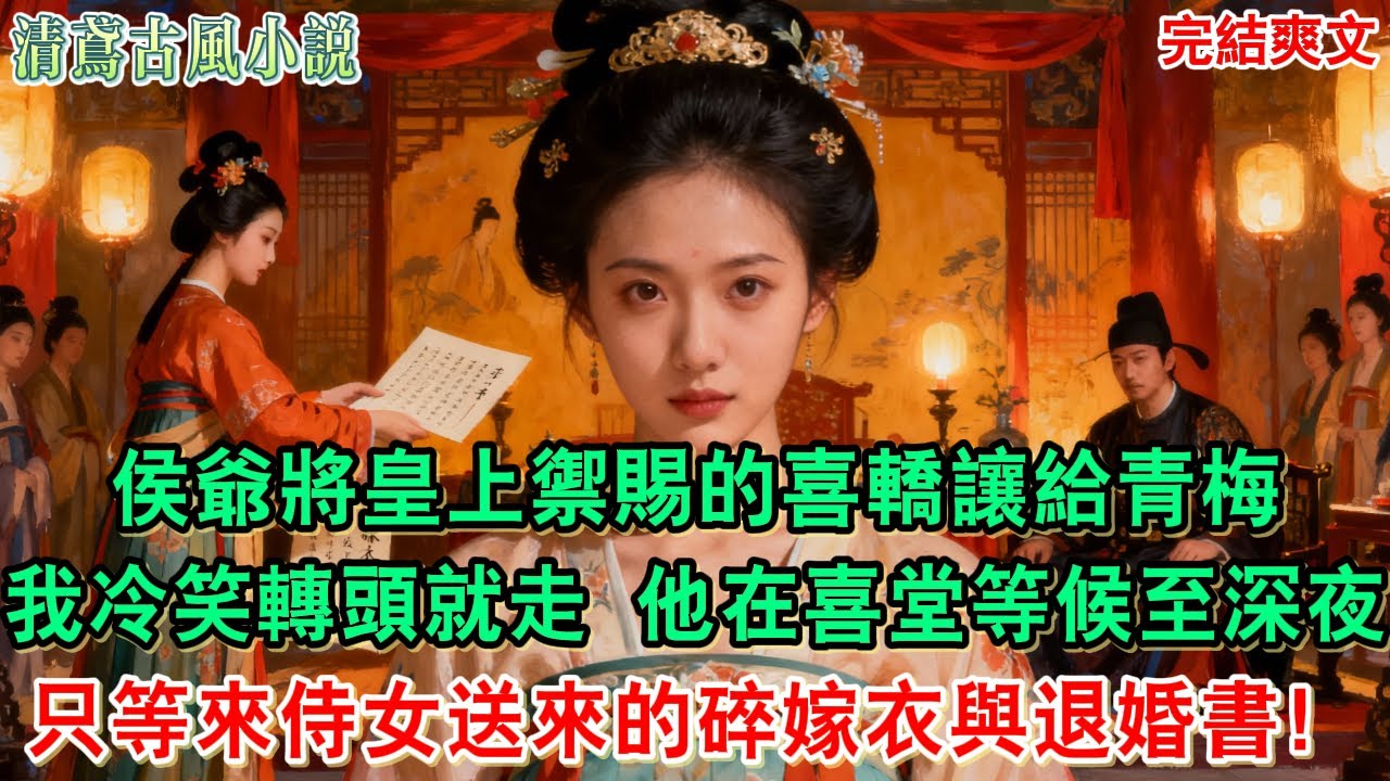【完結爽文】侯爺將皇上禦賜的喜轎讓給青梅，我冷笑轉頭就走，他在喜堂端坐等候至深夜，最終只等來侍女送來的碎嫁衣與退婚書#小說#追妻火葬場#愛情#古言小說 #逆袭 #爽文完結 #大女主