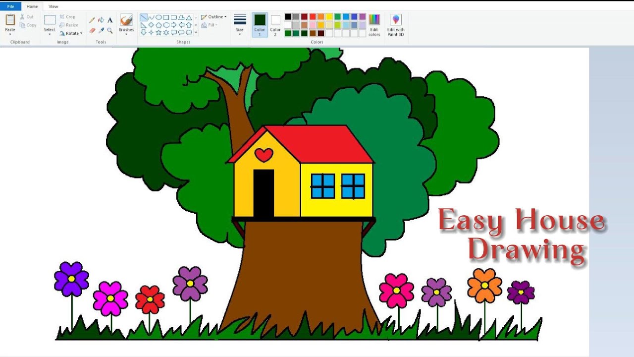 How to draw tree house on computer | House Drawing on computer using Ms ...