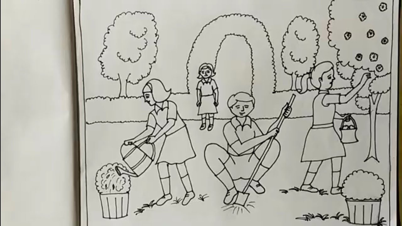 Memory Drawing - Girls watering the plants and plucking flowers ...