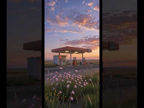 Vintage gas station at sunset