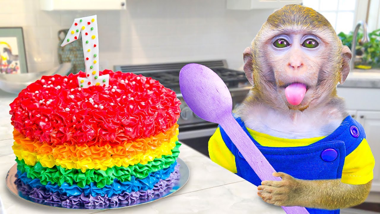 Monkey Banana Bim Bim Eats Coloful Cake In The Kitchen