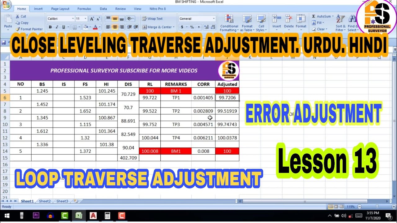 Close Leveling Traverse adjustment lesson 13 Urdu Hindi