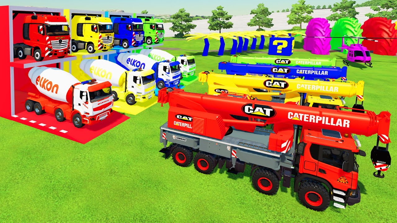 TRANSPORTING ALL COLORFUL SCANIA CAT CRANE TRUCK, ELKON CONCRETE MIXER TRUCK WITH TRAILER TRUCK-FS22