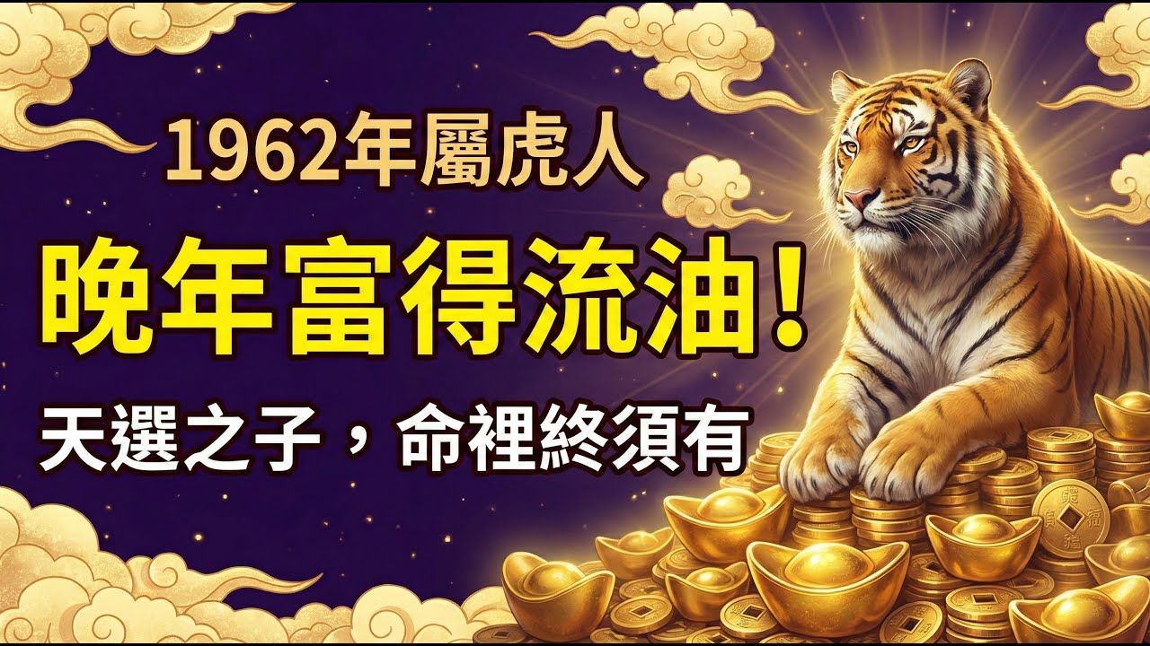 命裡有時終須有！1962年屬虎人是「天選之子」？晚年注定富得流油、無憂無慮享清福！#屬虎 #1962年虎 #生肖虎運勢 #屬虎運勢 #財運 #算命 #發財 #風水 #生肖虎 #轉運 #2026運勢